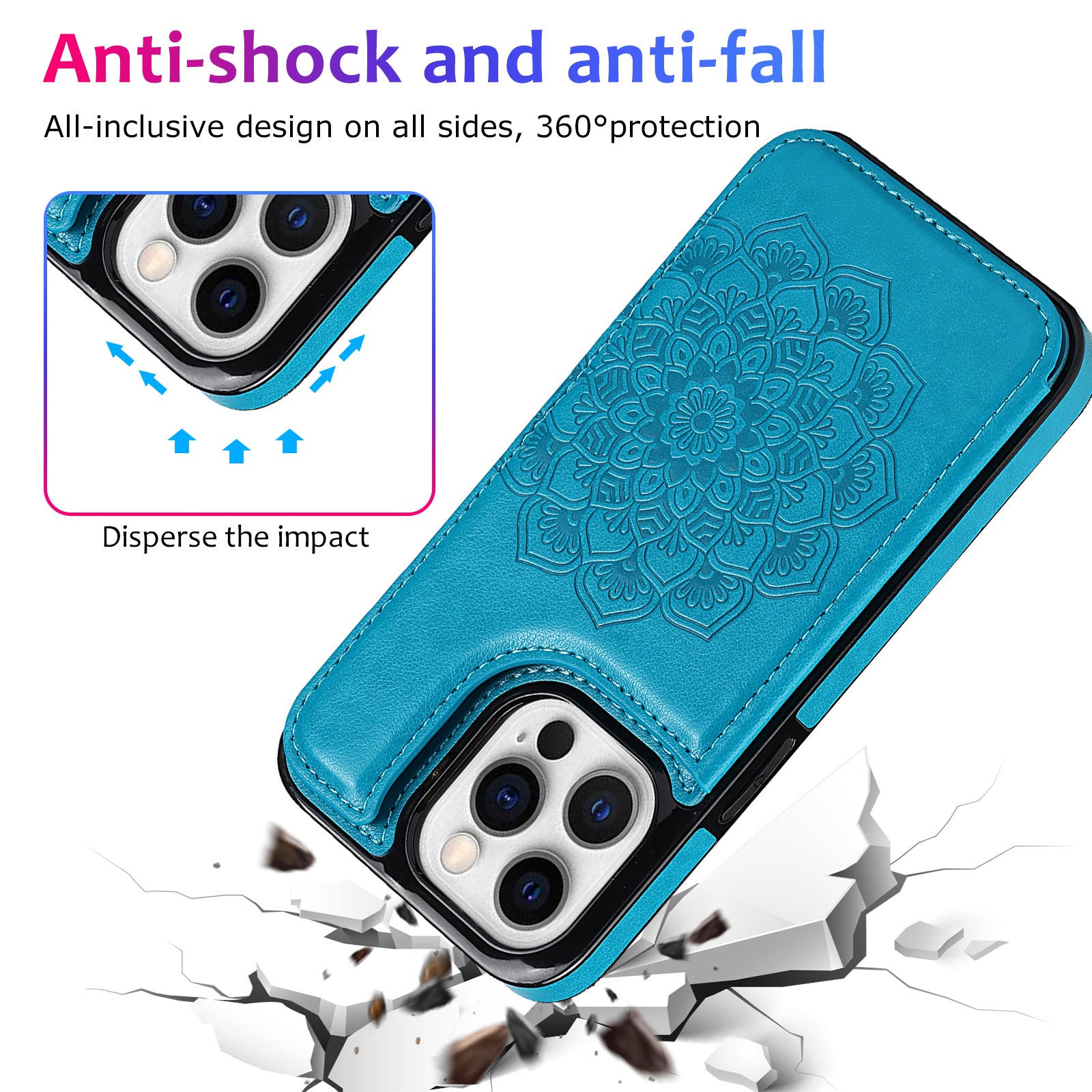 For iPhone 14 Pro Cell Phone Case Mandala Imprinted Drop Proof PU Leather+TPU Cover - Blue For iPhone 14 Pro Cell Phone Case Mandala Imprinted Drop Proof PU Leather+TPU Cover - Blue